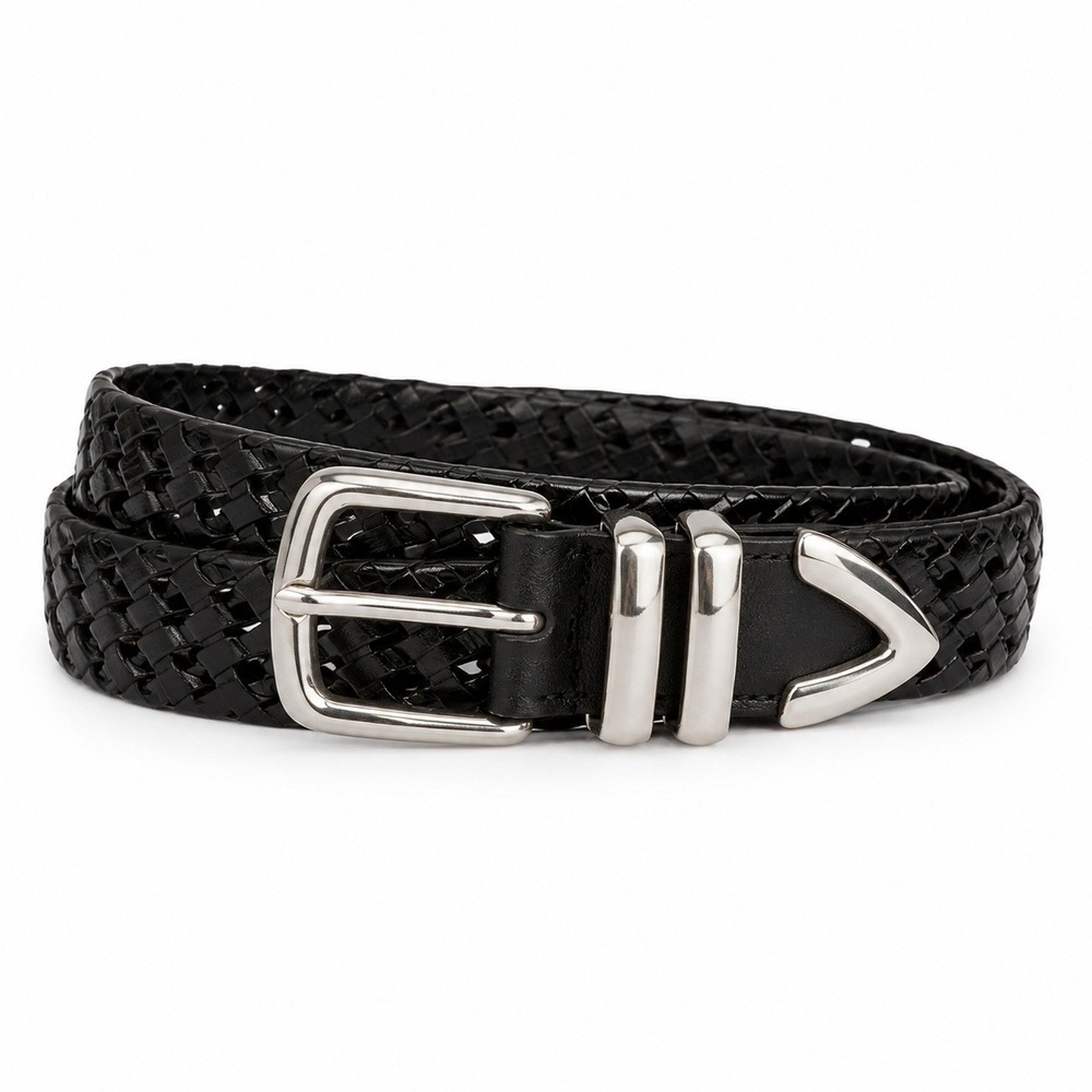 Roundtree & Yorke 34 Belt Braided Black Full Grain Cowhide Leather Silver Tip
